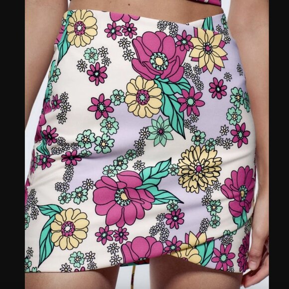 Zara Retro Colorful Floral Wrapover Mini Skirt M - Picture 1 of 6